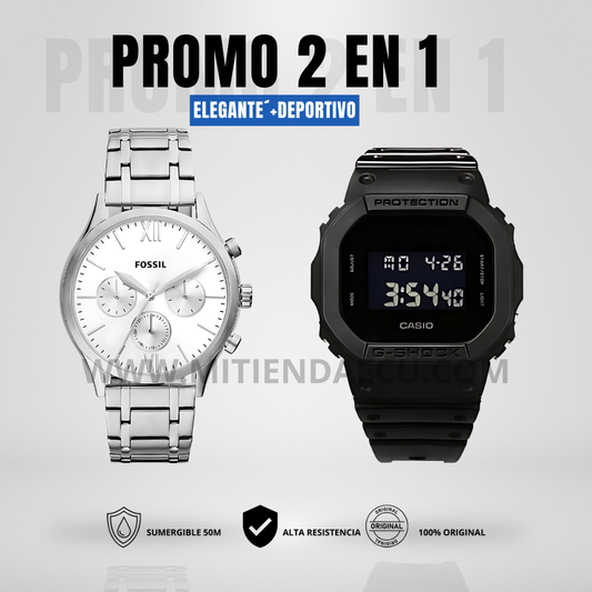 FOSSIL SILVER NEUTRA + CASIO GSHOCK NEGRO MATE | ELEGANTE + DEPORTIVO