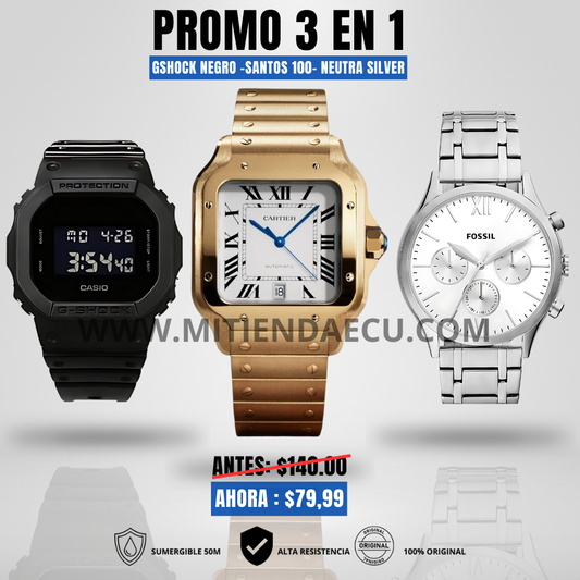 PROMO 3 EN 1 | GSHOCK NEGRO MATE- VINTAGE SANTOS 100- NEUTRA SILVER