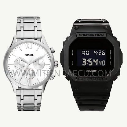 FOSSIL SILVER NEUTRA + CASIO GSHOCK NEGRO MATE | PROMO 2 POR 1